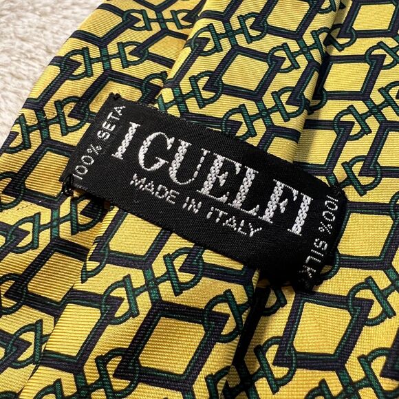 I GUELFI Mens Italian Designer 100% Silk Neck Tie Made in Italy Yellow Green Blu - Picture 2 of 5